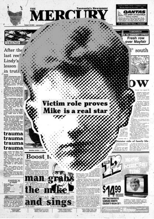 MIKE! “Góc nhìn bị hại” (Victim Role), 2022, tranh dán ghép kỹ thuật số; kích thước thay đổi tùy theo hiện trường.